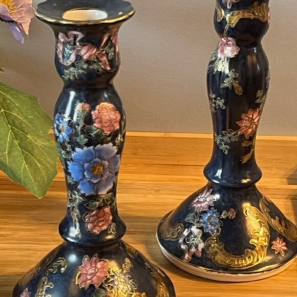 TOYO pair candlesticks cobalt blue enamel gold gilt chinoiserie Vintage - Picture 2 of 5